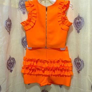 NEON ORANGE POLYESTER RUFFLE TANK SHORT SET SZ M